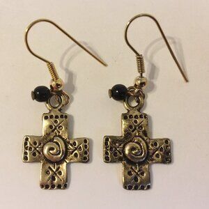 Mixed Metal Cross Earrings Silver Gold Black Beads Ornate Pierced Dangle Vintage